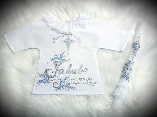 Detské oblečenie - krstná košieľka / košieľka na krst (Košieľka + sviečka (strieborná, modrá)) - 17544158_