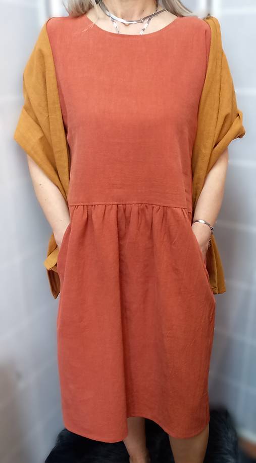 Šaty - Lněné šaty s kapsami - barva cihlová, velikost 2XL ~ LETNÍ VÝPRODEJ ~ - 17544736_