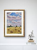Obrazy - Originálna akvarelová maľba, Zlaté kopy sena na letnom poli - 17547050_