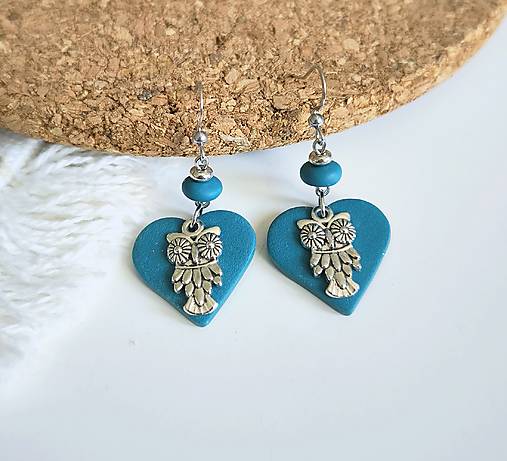 Náušnice - Náušnice srdiečka so sovičkami tmavé tyrkysové - 17546902_