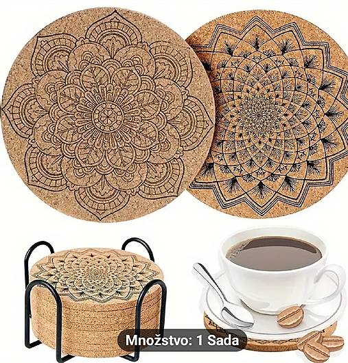 Sada korkových podložiek 8 ks MANDALA so stojanom