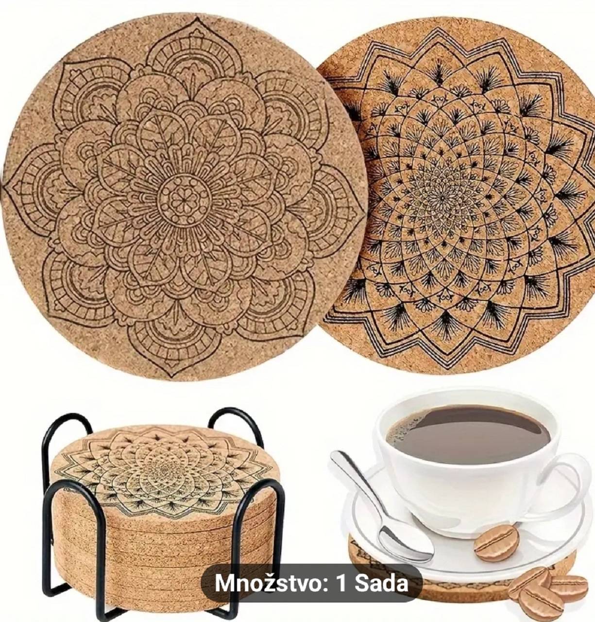 Sada korkových podložiek 8 ks MANDALA so stojanom