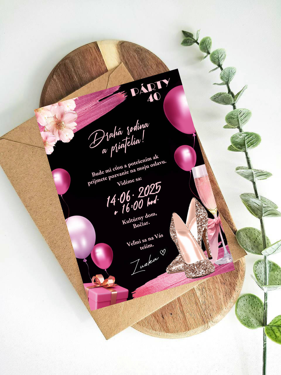 Narodeninová pozvánka so šampanským a lodičkami na 30, 40, 50 s balónmi  (cyklamen)