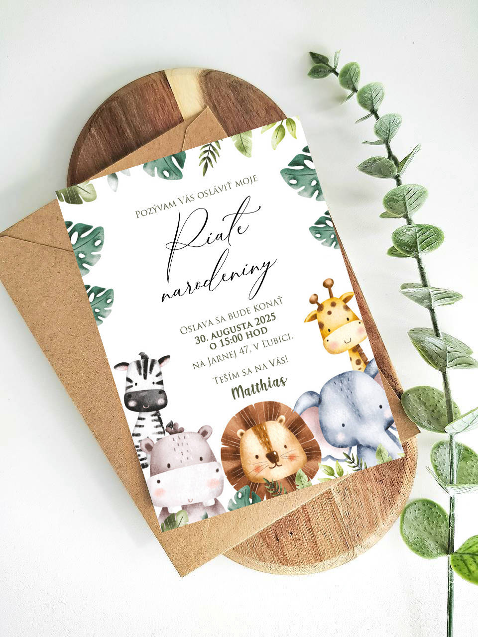Detská narodeninová pozvánka so safari zvieratkami - wild one (vzor 2)