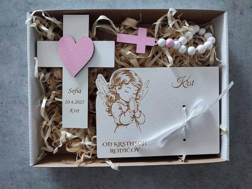 Dekorácie - Krížik, ruženec a tabuľka na peniaze ku krstu  - 17551111_