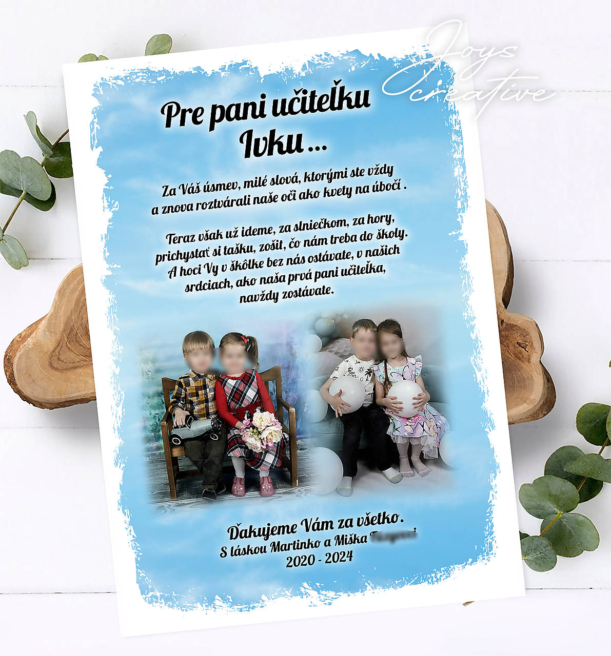 Poďakovanie na koniec školského roka, tabuľa s fotkou pre pani učiteľku