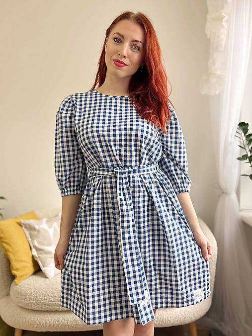 Šaty - Bavlnené kárované šaty s naberaným rukávom - 17552422_