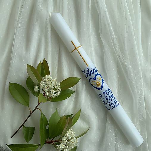Ručne maľovaná krstná svieca s personalizáciou – 35 cm, biely vosk (v modrozlatá)
