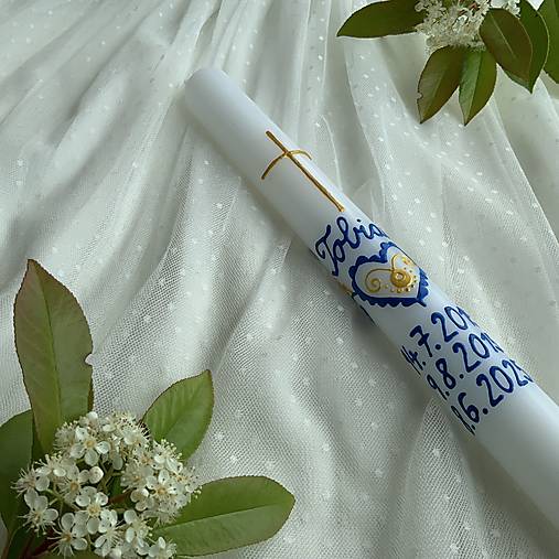 Ručne maľovaná krstná svieca s personalizáciou – 35 cm, biely vosk (v modrozlatá)