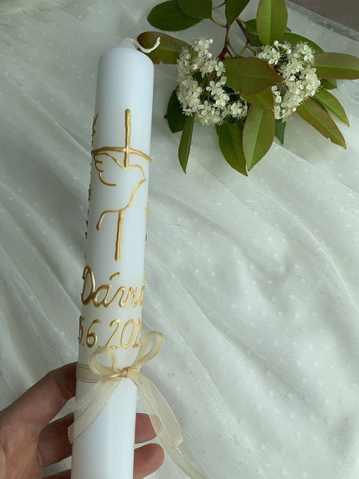 Ručne maľovaná krstná svieca s personalizáciou – 35 cm, biely vosk
