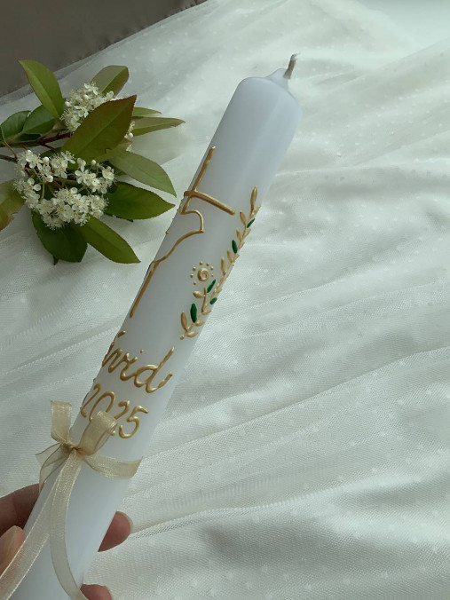 Ručne maľovaná krstná svieca s personalizáciou – 35 cm, biely vosk