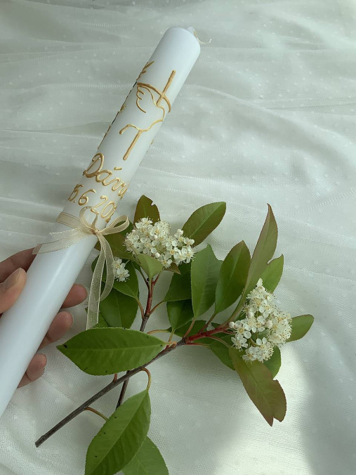 Ručne maľovaná krstná svieca s personalizáciou – 35 cm, biely vosk