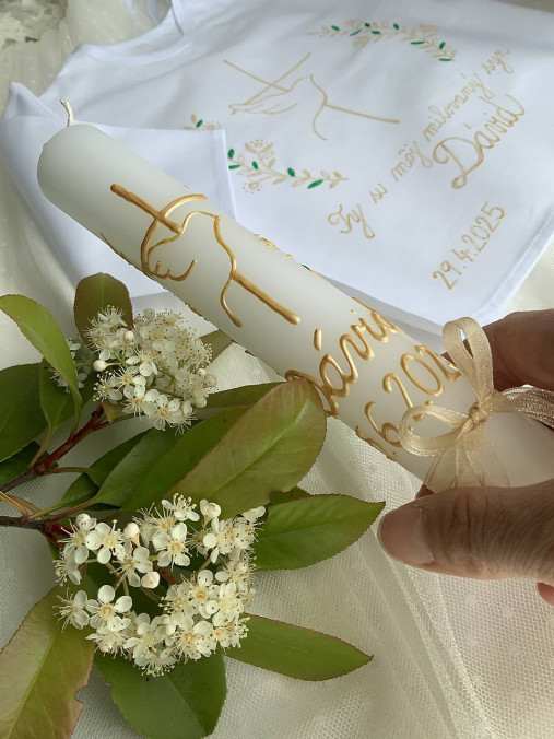 Ručne maľovaná krstná svieca s personalizáciou – 35 cm, biely vosk