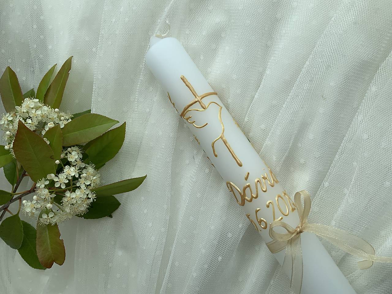 Ručne maľovaná krstná svieca s personalizáciou – 35 cm, biely vosk