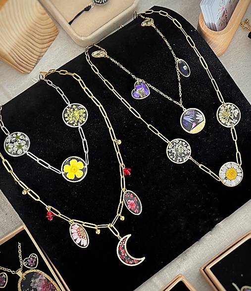 Náhrdelníky - Náhrdelník - retiazka s príveskami so skutočnými kvetmi (Strieborná s iskerníkom) - 17561427_