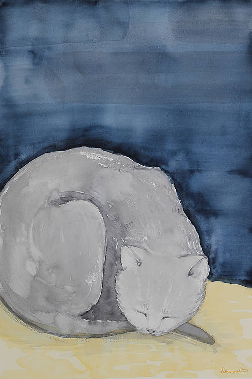 Akvarelový obraz - Spiaca mačka