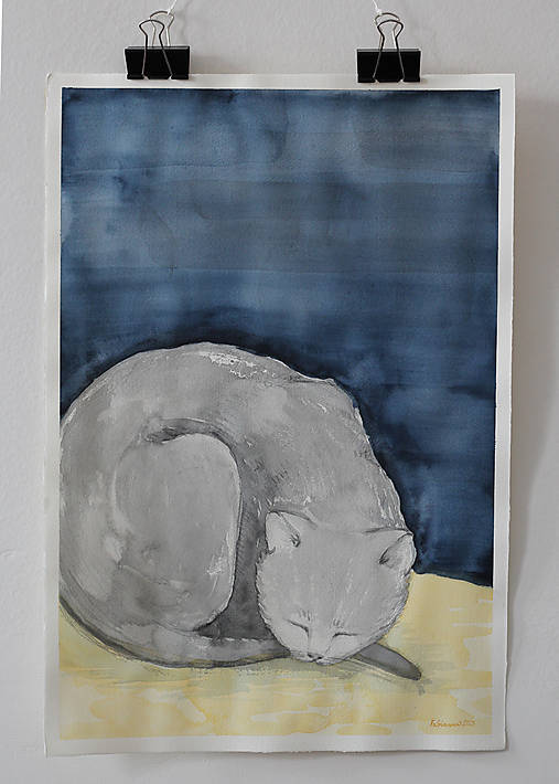 Akvarelový obraz - Spiaca mačka