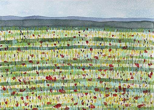 Akvarelový obraz - Lúka s vlčími makmi