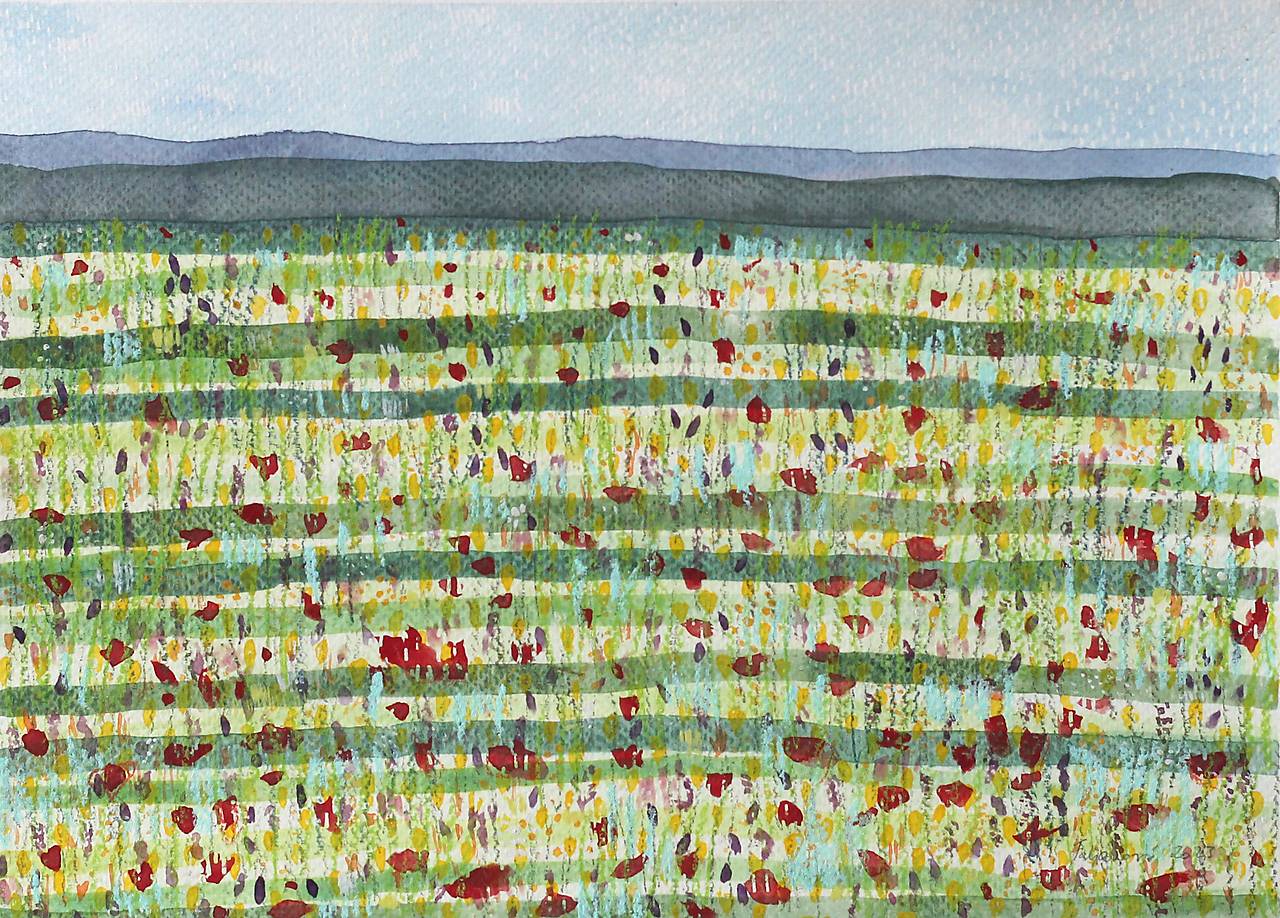 Akvarelový obraz - Lúka s vlčími makmi