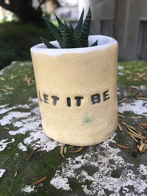 Nádoby - Malé keramické kvetináče s nápismi a sukulentom Haworthia (Let it be) - 17569377_
