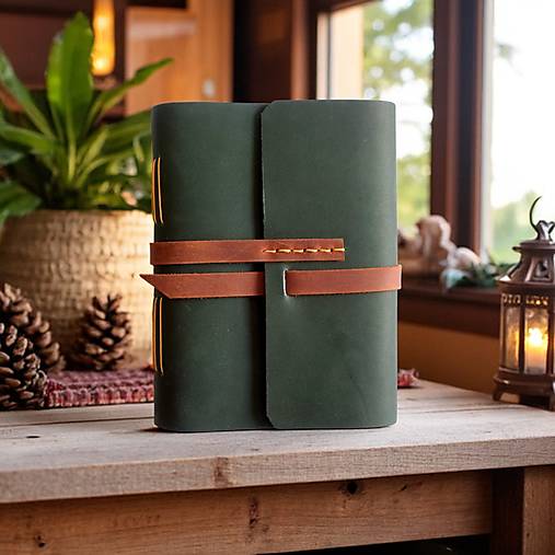 Papiernictvo - Minimalistický kožený zápisník A6 tmavozelený - 17570565_