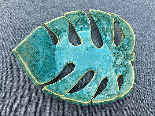 Nádoby - Keramická dizajnová misa v tvare listu monstery (Tyrkysová) - 17573881_