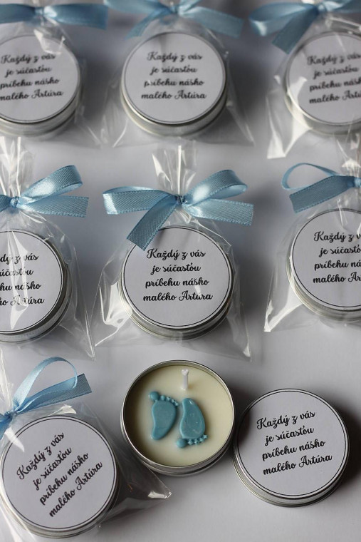 Darčeky pre svadobčanov - Vonné sviečky s vlastným citátom Darčeky pre hostí na krstinách, narodeninách, babyshower... (modré / chlapček/) - 17575771_