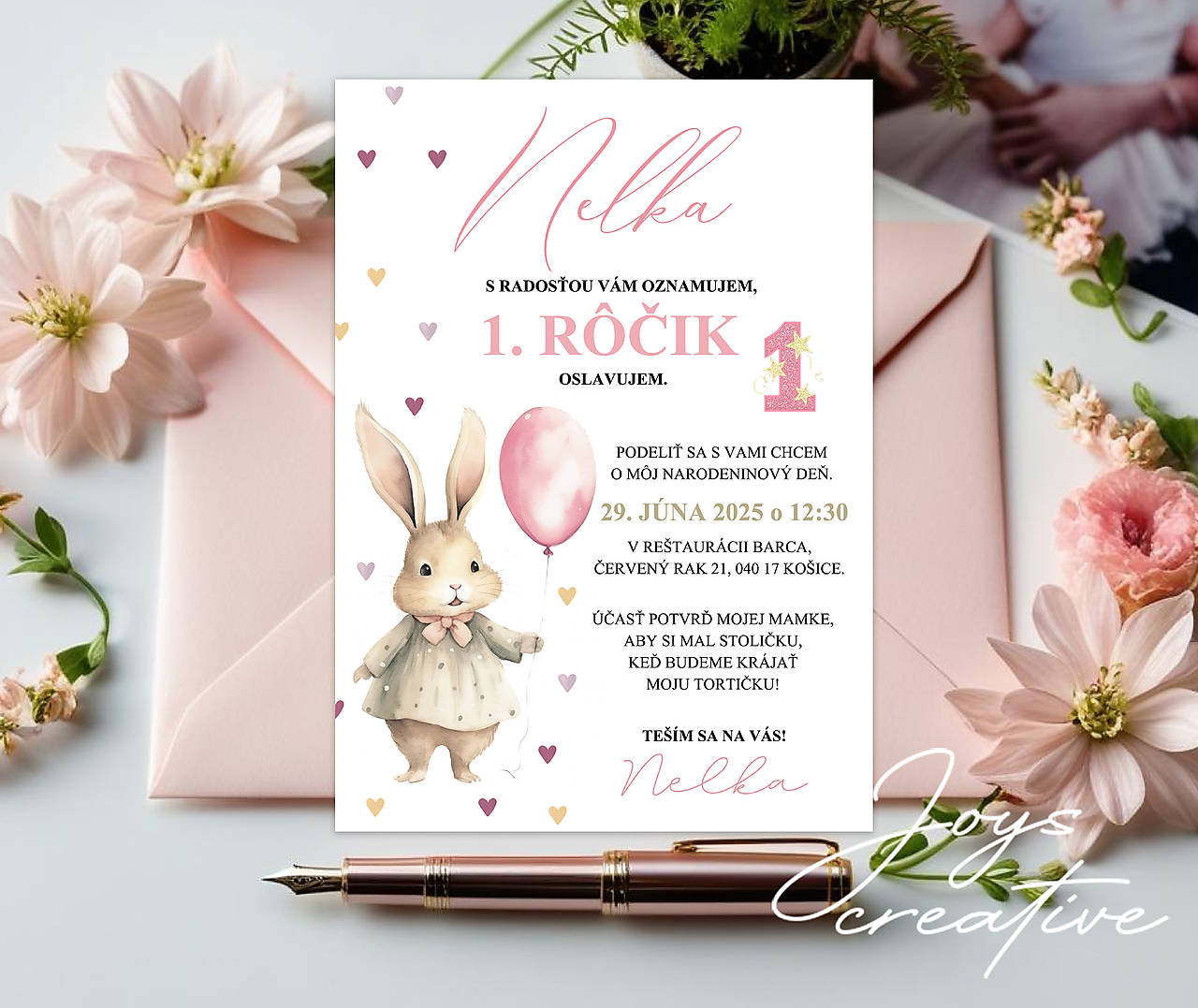 Narodeninová pozvánka so zajačikom s balónikom a srdiečkami  (iný fotn)