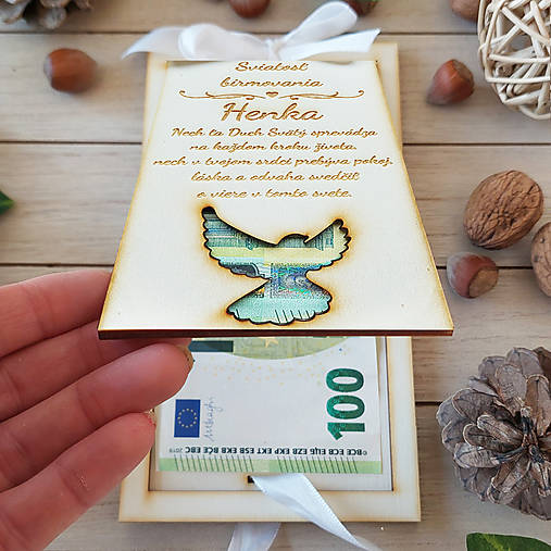 Sviatosť birmovania drevená obálka na peniaze 20x10cm