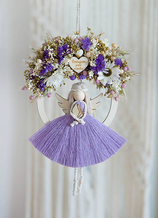 Dekorácie - Anjel s kvetmi "Ďakujem pani učiteľka" (fialová) - 17581007_