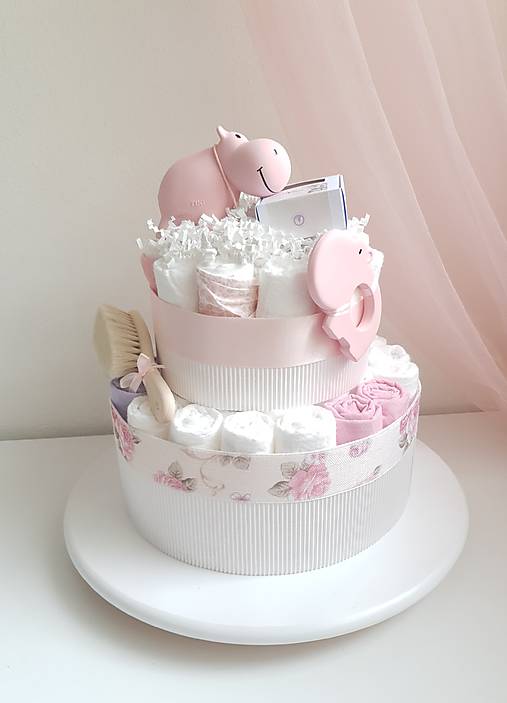 Detské doplnky - Plienková torta  ružový hrošík - 17581091_