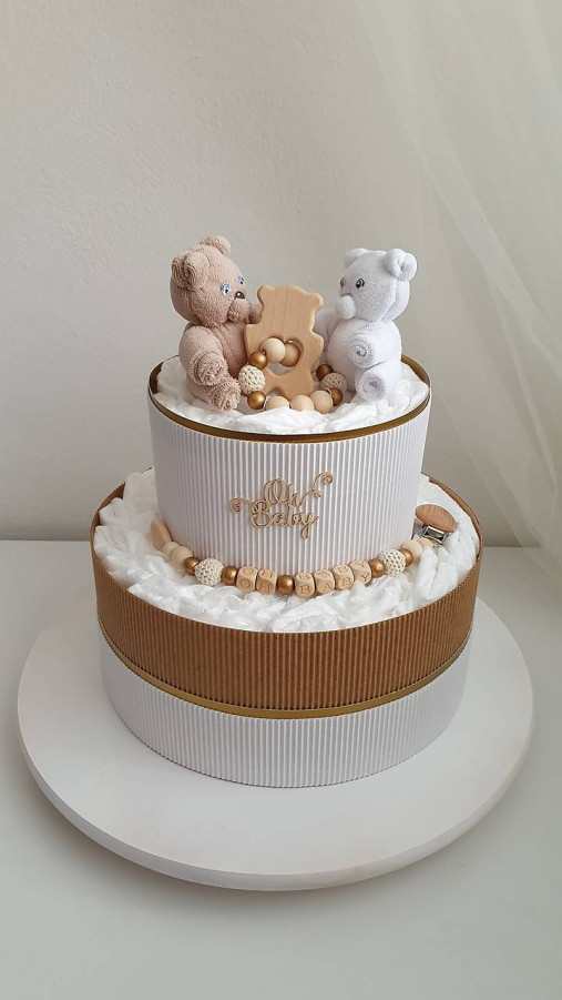 Detské doplnky - Plienková torta - bielozlatá-mackové trio - 17581165_