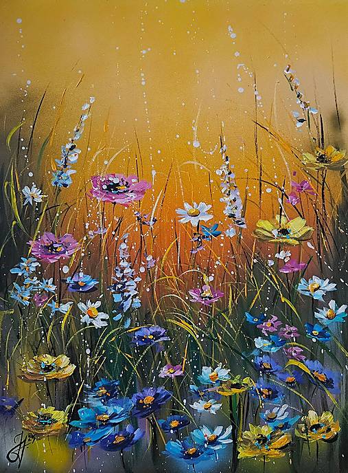 Obrazy - Obraz "Večerná lúka s kvetmi", 37 x 50 cm - 17582294_