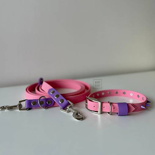 Pre zvieratá - Vodeodolný obojok a prepínacie vodítko pre psa BioThane CUTE ROCKER - ružová s fialovou - 17583599_
