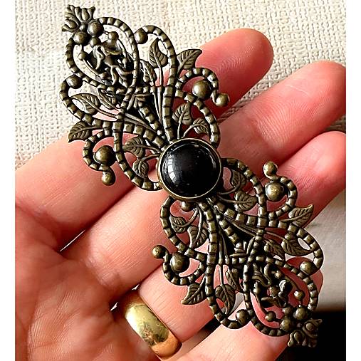Ozdoby do vlasov - Vintage Filigree Black Agate French Hair Clip / Vintage francúzska spona s čiernym achátom E070 - 17585383_