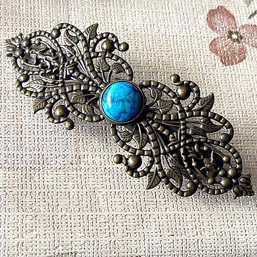 Ozdoby do vlasov - Vintage Filigree Blue Sea Jasper French Hair Clip / Vintage francúzska spona s modrým morským jaspisom  E070 - 17585399_