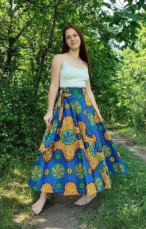 Sukne - AFRICKÁ DLOUHÁ SUKNĚ  - MODRÁ S VĚTRNÍKY - 17586038_