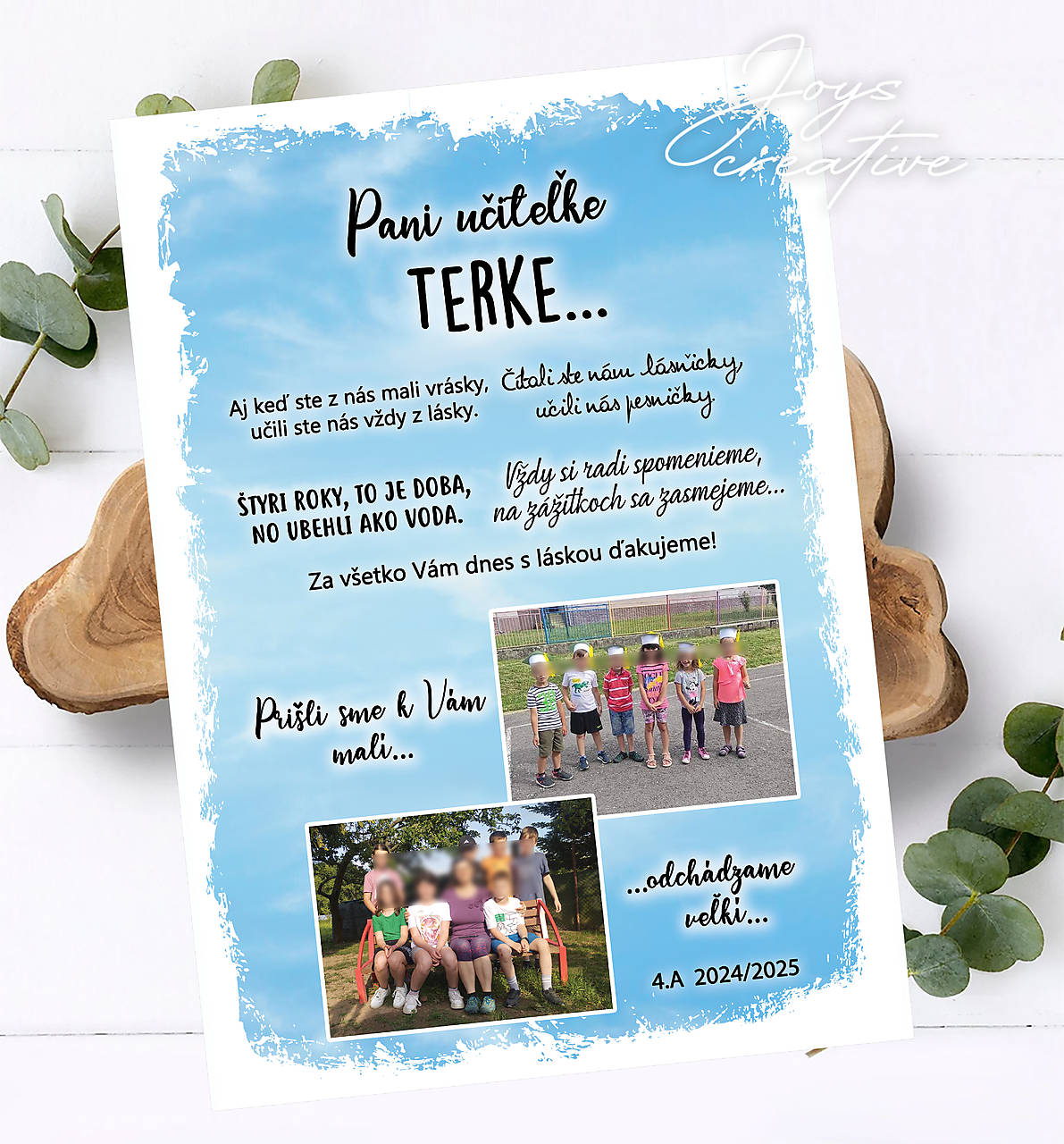 Poďakovanie na koniec školského roka, tabuľa s fotkou pre pani učiteľku (štvrtáci dve fotky)