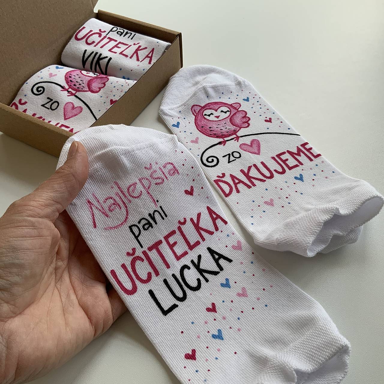 Maľované ponožky pre naj PANI UČITEĽKU (sovičiek)