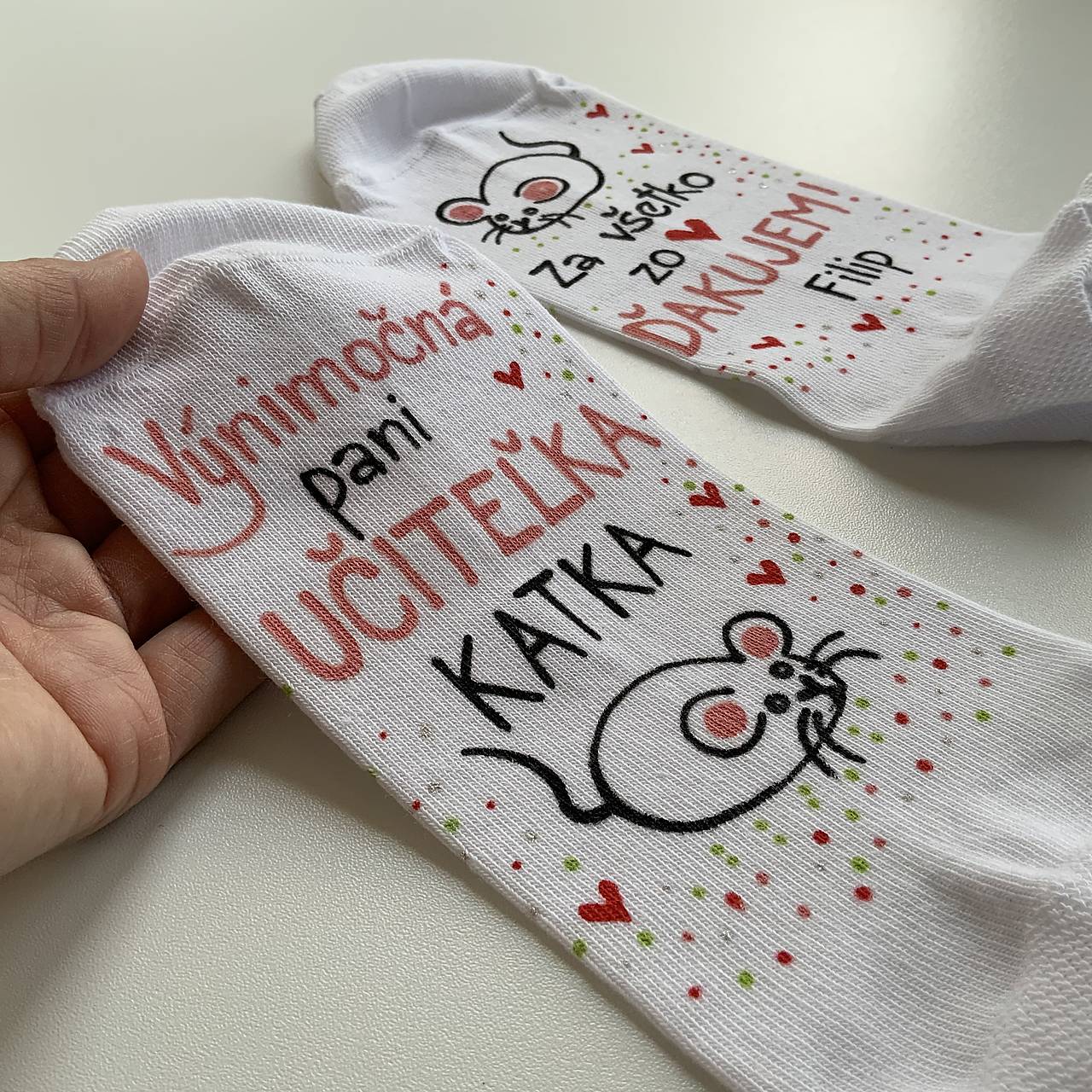 Maľované ponožky pre naj PANI UČITEĽKU biele s myškami