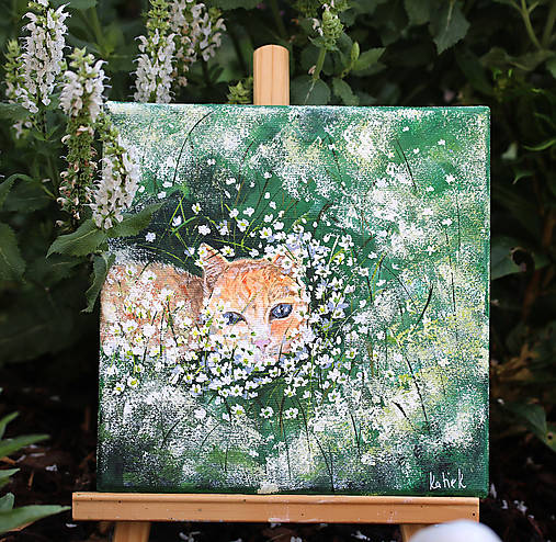 Obrazy - Mačka v kvetoch 20x20cm, originálna akrylová maľba - 17591991_