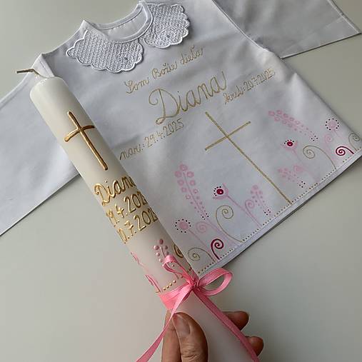 Krstná košieľka a svieca na krst ručne maľovaná ľudovoladená  (v kombinácii ružová + zlatá)