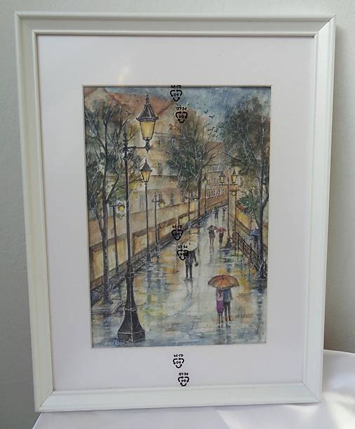 Obrazy - Pešia zóna...v daždi (akvarel) (biely drevený rám) - 17594976_