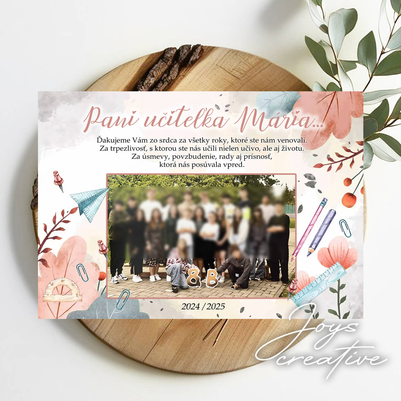 Poďakovanie na koniec školského roka, tabuľa s fotkou pre pani učiteľku (ôsmaci/deviataci)