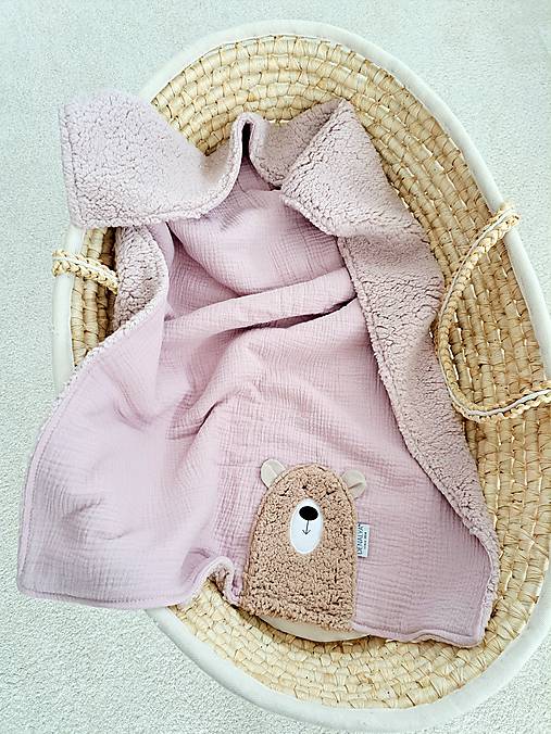 Detský textil - Celoročná mušelínová deka s barančekom pastel ružová - 17599508_