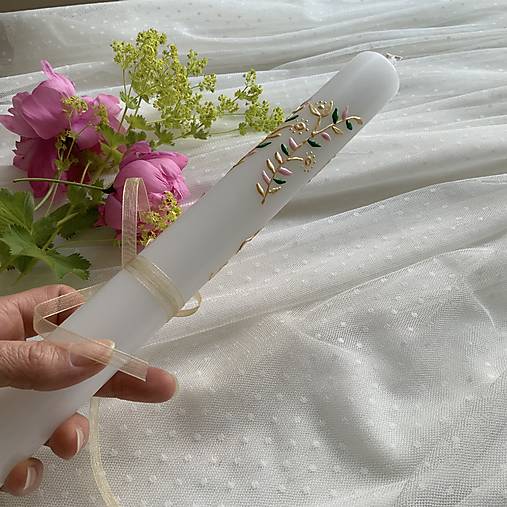 Ručne maľovaná krstná svieca s krížom a holubicou s personalizáciou – 35 cm, biely vosk