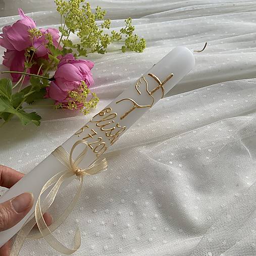 Ručne maľovaná krstná svieca s krížom a holubicou s personalizáciou – 35 cm, biely vosk