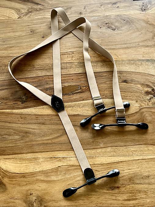 Pánske doplnky - Pánske traky na gombíky, béžové s čiernou kožou - 17603059_