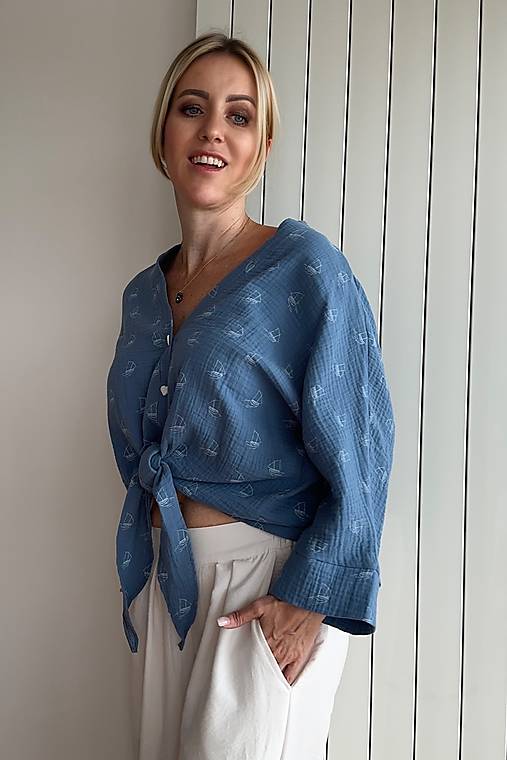 Topy, tričká, tielka - Top na gombíky mušelín lode Poppy - 17604114_