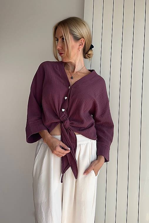 Topy, tričká, tielka - Top na gombíky mušelín purple Poppy - 17604119_